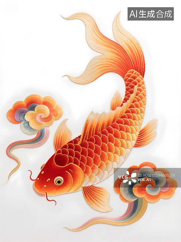 【AI数字艺术】白色背景上的精美刺绣红色锦鲤鲤鱼图片素材