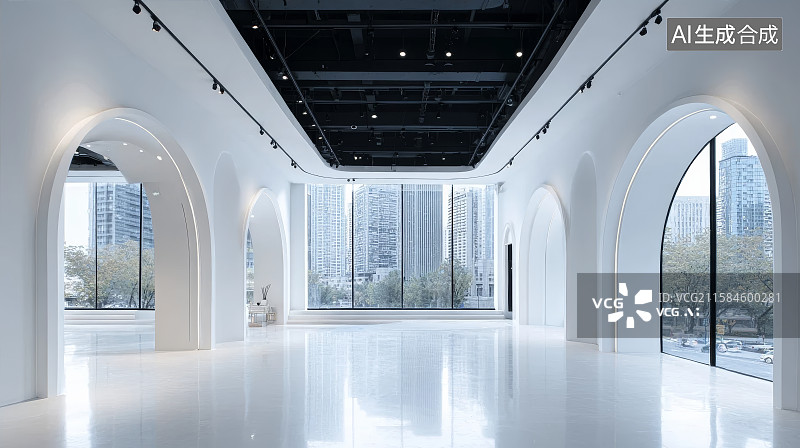 【AI数字艺术】产品展台城市天际线和无人的砖地，广场，智慧城市，科技城市，城市地标建筑，建筑背景，室内空间，建筑空间图片素材