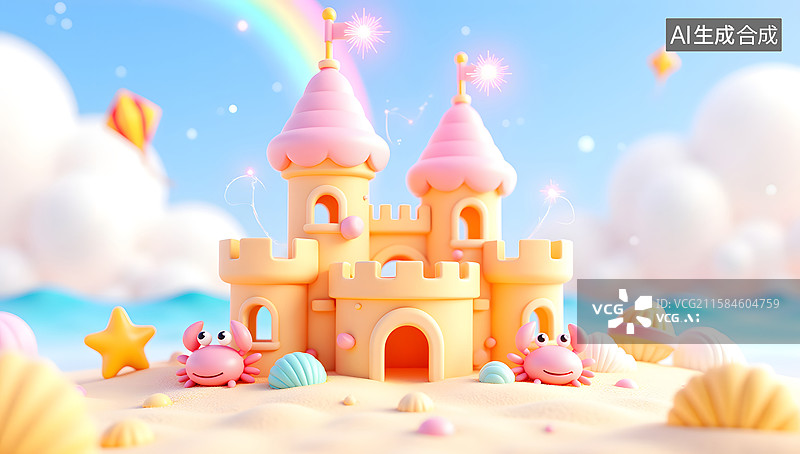 【AI数字艺术】梦幻沙滩城堡的童趣场景插图图片素材