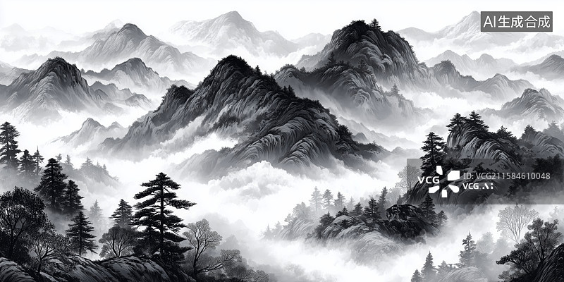 【AI数字艺术】水墨山水云雾松涛图图片素材