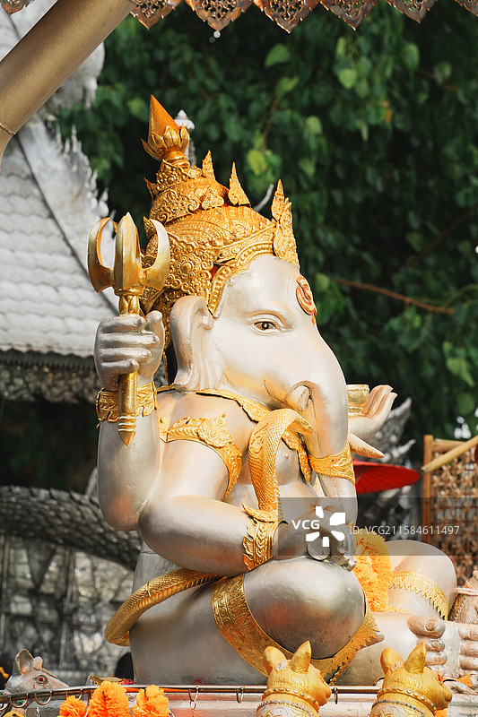 泰国清迈银灰色象头神金饰雕像，手持法器坐于绿叶前，供有橙色花环。图片素材