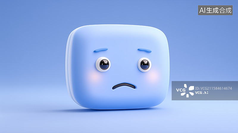 【AI数字艺术】蓝色3D卡通方块悲伤表情图片素材
