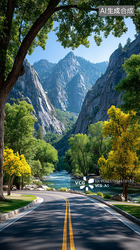 【AI数字艺术】山间公路与茂密森林图片素材