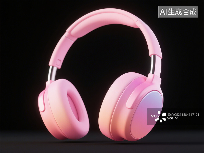 【AI数字艺术】黑色背景下的粉色头戴式耳麦耳机图片素材