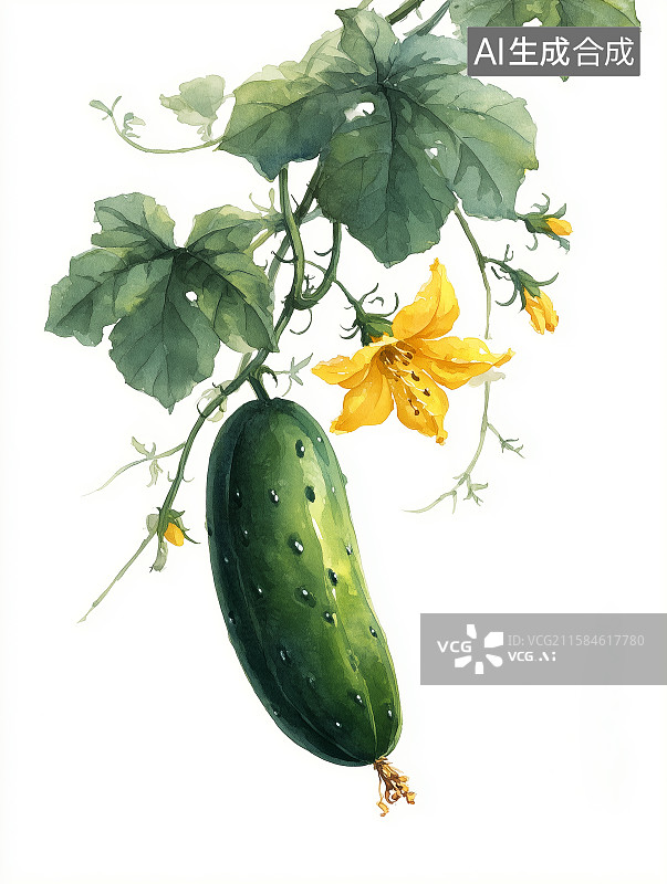 【AI数字艺术】藤蔓上挂着的新鲜黄瓜与黄色花朵图片素材