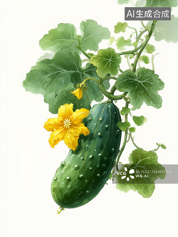 【AI数字艺术】藤蔓上挂着的新鲜黄瓜与黄色花朵图片素材