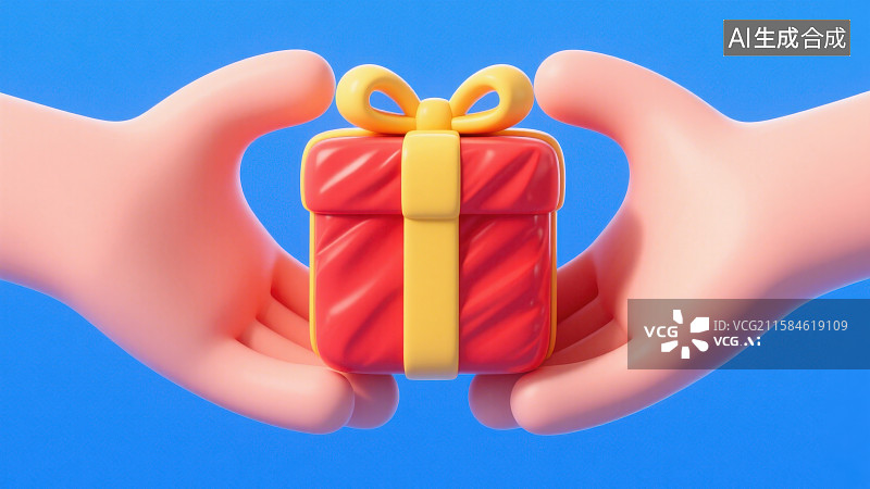 【AI数字艺术】蓝色背景下的卡通人物双手拿带有黄色蝴蝶结红色礼物盒子图片素材