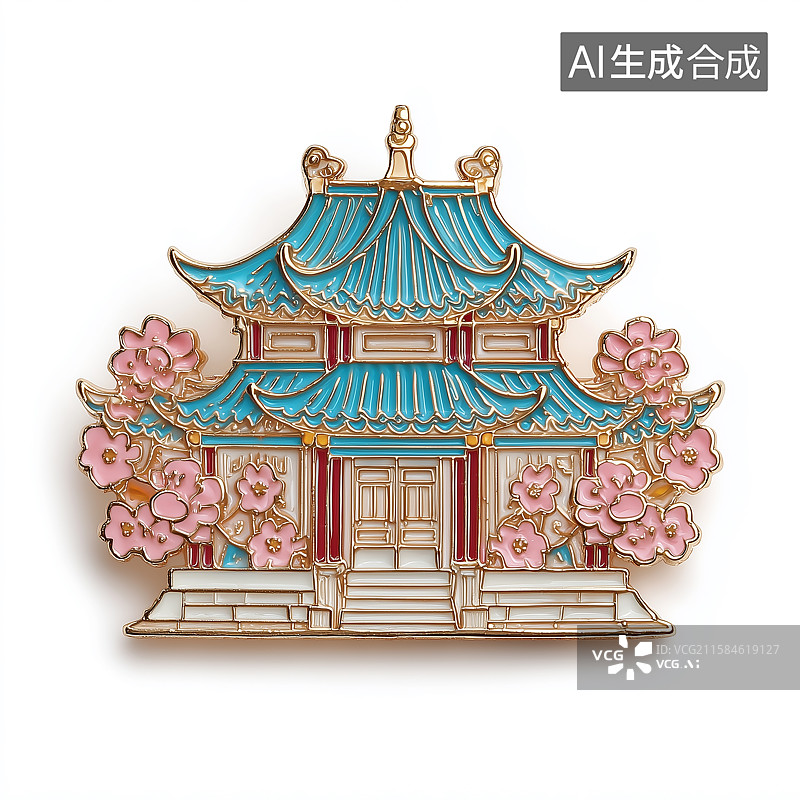 【AI数字艺术】牡丹装饰的中国传统风格建筑冰箱贴图片素材