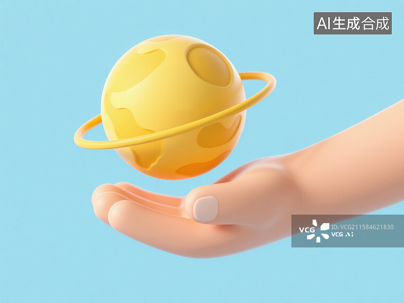 【AI数字艺术】卡通人物手上悬浮着一个黄色带星环的球体行星图片素材