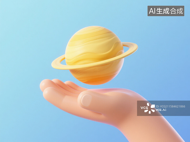 【AI数字艺术】卡通人物手上悬浮着一个黄色带星环的球体行星图片素材