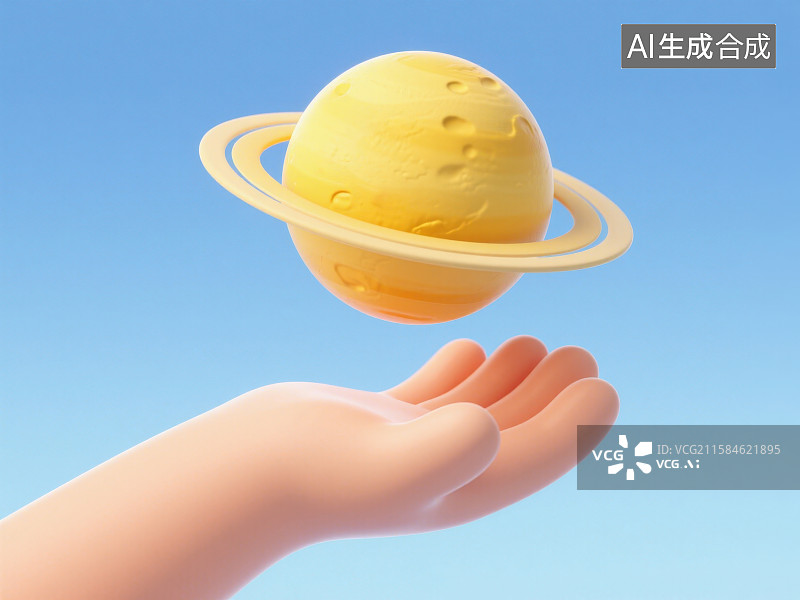 【AI数字艺术】卡通人物手上悬浮着一个黄色带星环的球体行星图片素材
