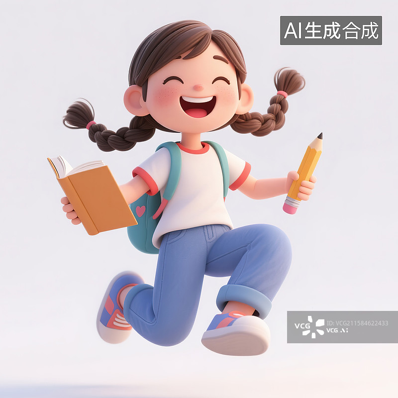 【AI数字艺术】拿着笔记笔记的快乐女孩3d插画图片素材