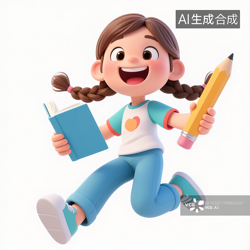 【AI数字艺术】拿着笔记笔记的快乐女孩3d插画图片素材