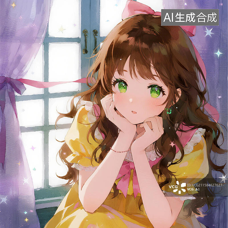 【AI数字艺术】窗边戴粉色蝴蝶结的卷发女孩图片素材