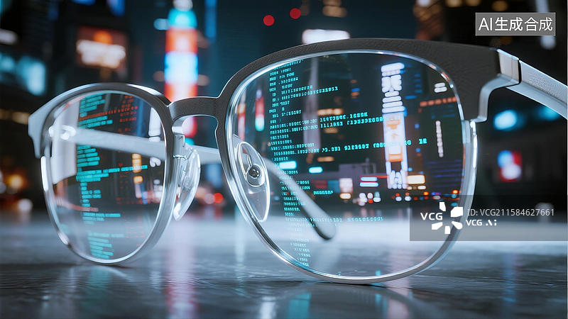 【AI数字艺术】智能眼镜显示数字代码的城市夜景图片素材