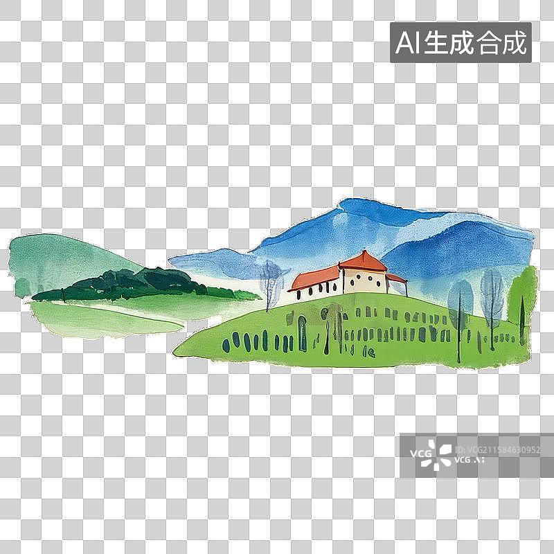 【AI数字艺术】传统建筑与蓝色云朵的水墨画图片素材