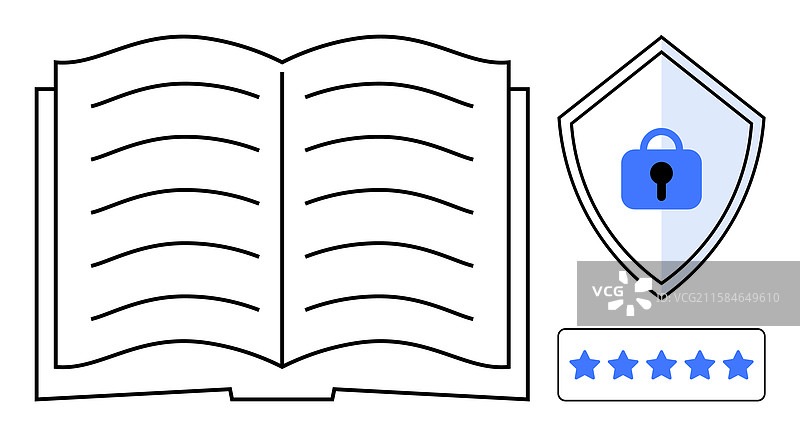打开的书籍，带有安全盾牌图标和五颗星图片素材