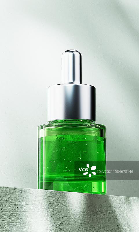 透明护肤品瓶子与滴管三维渲染图片素材