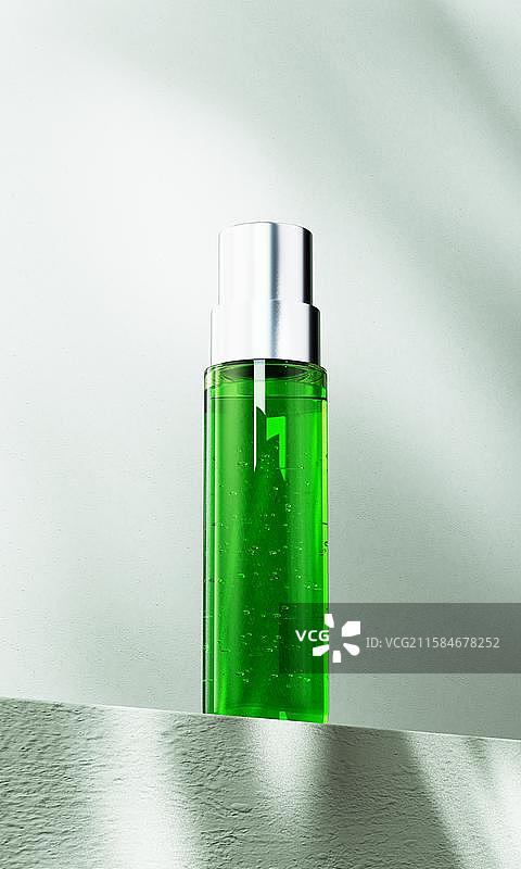 透明护肤品瓶子与滴管三维渲染图片素材