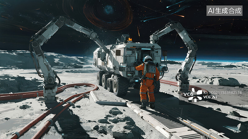 【AI数字艺术】宇航员在月球表面操作机械臂图片素材