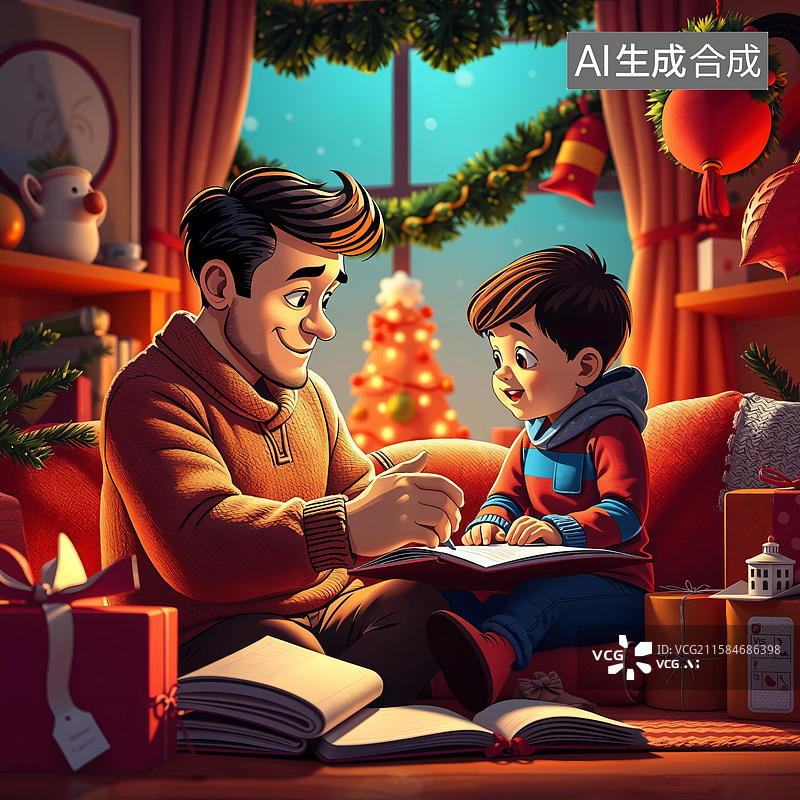 【AI数字艺术】温馨圣诞夜，父子共读时光图片素材