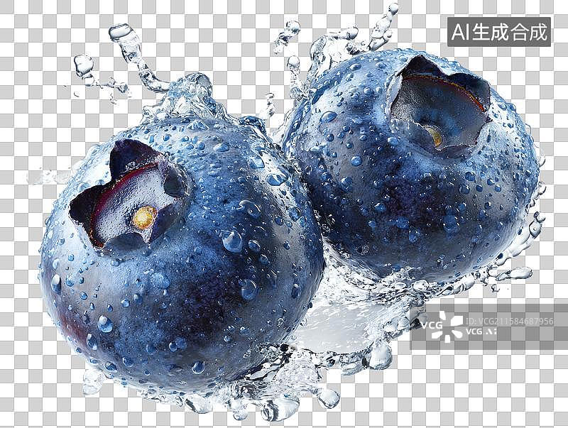 【AI数字艺术】水中溅起的新鲜蓝莓特写图片素材