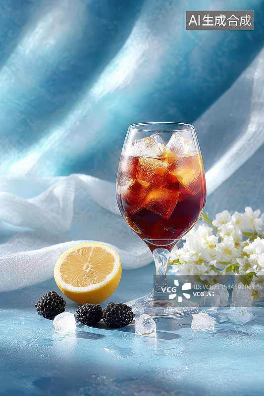 【AI数字艺术】蓝调鸡尾酒配鲜果静物摄影图片素材