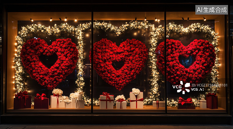 【AI数字艺术】浪漫心形橱窗：情人节的甜蜜诱惑图片素材
