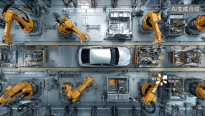 【AI数字艺术】工业 4.0 汽车制造场景：橙色机械臂在智能工厂生产线，呈现自动化汽车组装加工画面图片素材