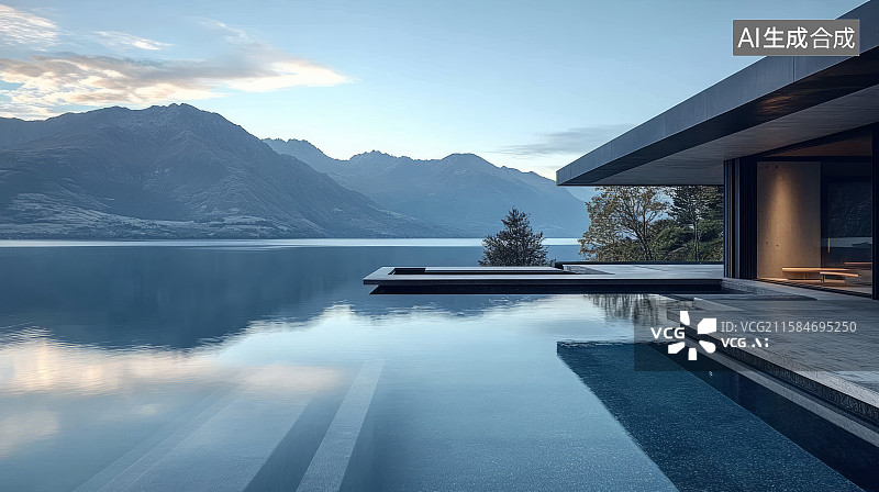 【AI数字艺术】现代豪华别墅与无边泳池清晨风光图片素材