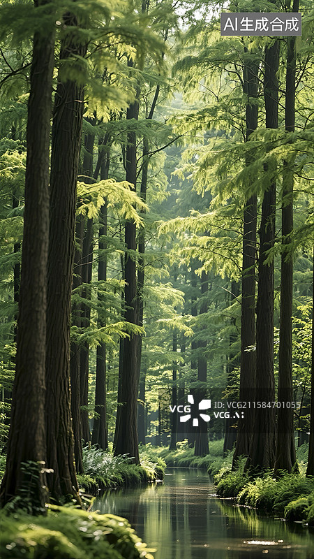 【AI数字艺术】迷雾笼罩的茂密水杉森林景象图片素材