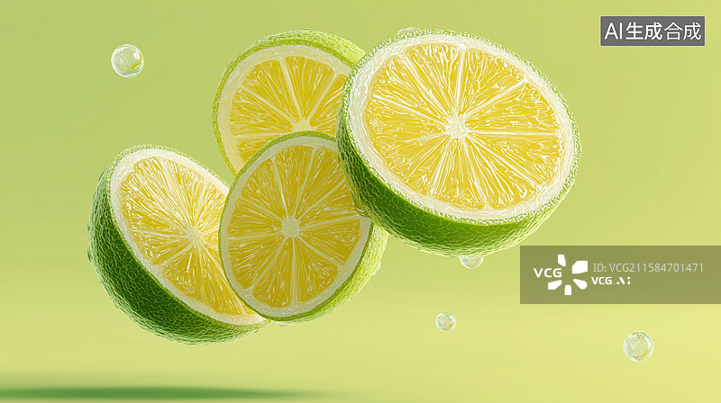 【AI数字艺术】新鲜切片柠檬悬浮在绿色背景上图片素材