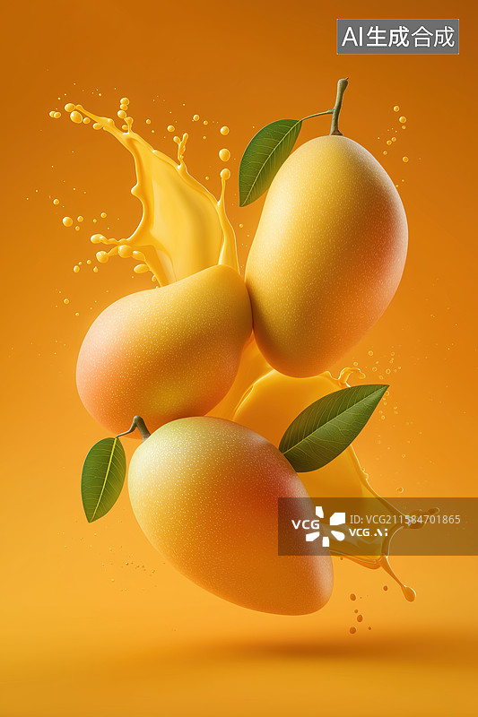 【AI数字艺术】芒果飞溅果汁，活力四射图片素材