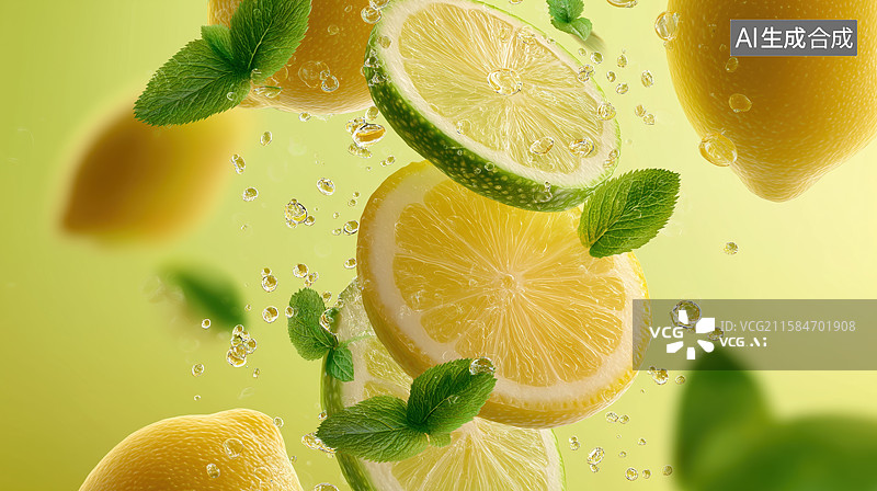 【AI数字艺术】柠檬薄荷水滴，清新自然图片素材