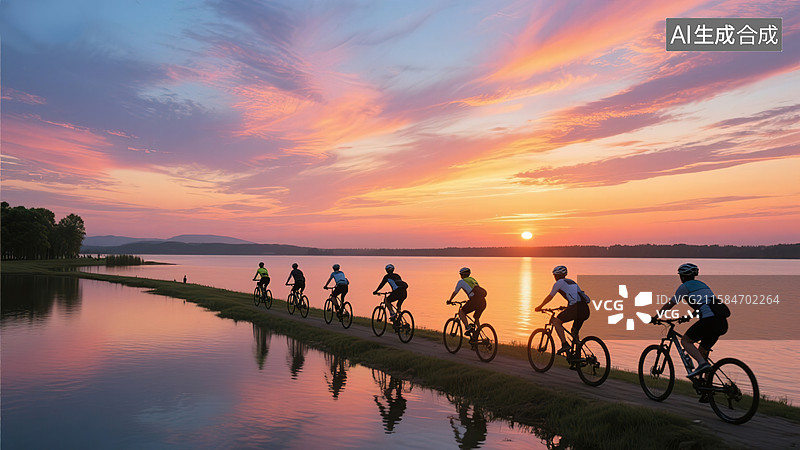 【AI数字艺术】湖畔骑行伴余晖图片素材