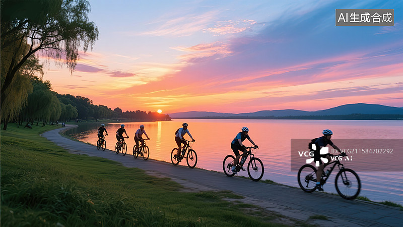 【AI数字艺术】湖畔骑行伴余晖图片素材