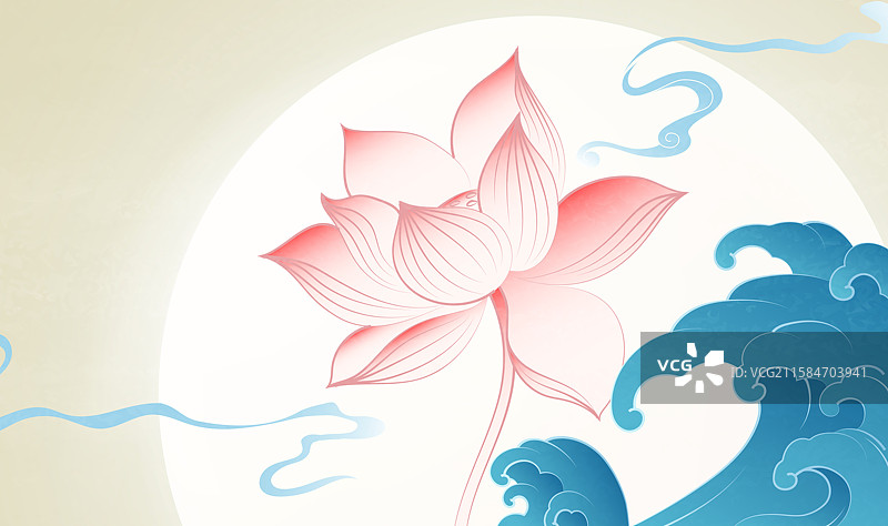 中国风插图荷花和波浪背景是一轮明月图片素材