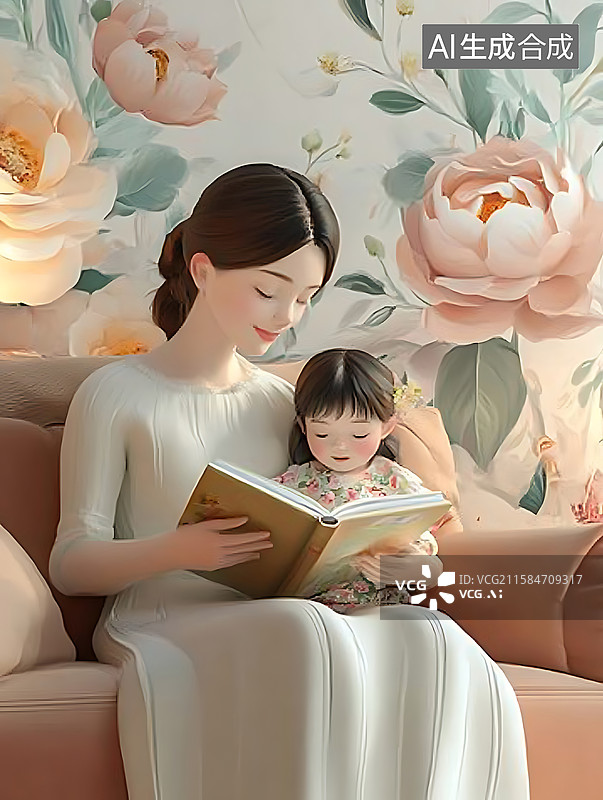 【AI数字艺术】妈妈带着孩子看书，教育开学图片素材