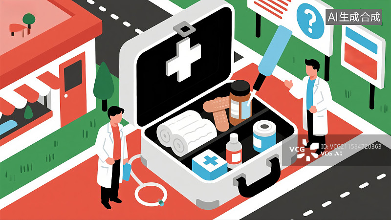 【AI数字艺术】医疗箱与医生在街道旁图片素材