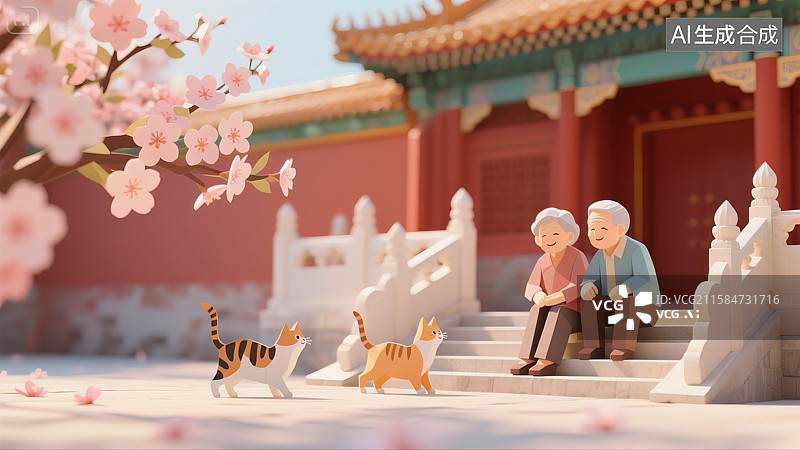 【AI数字艺术】旅游景点古建筑里老年夫妻俩坐在台阶上看着俩猫咪三维图图片素材
