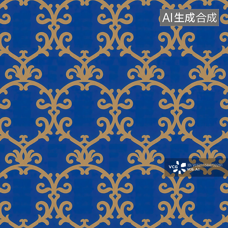 【AI数字艺术】蓝色背景扁平设计中的金色中国传统缠枝纹图片素材