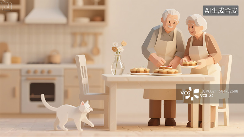 【AI数字艺术】老年夫妻俩在餐桌前做面包烘焙白猫三维图图片素材