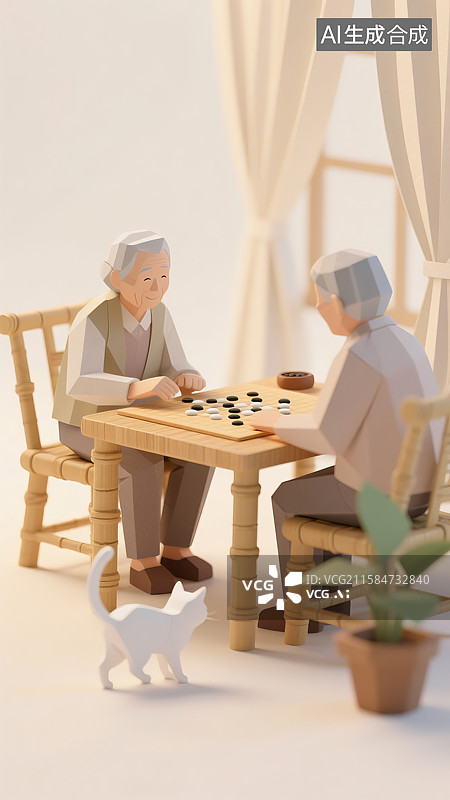 【AI数字艺术】老年夫妻俩在下围棋白猫盆栽晚年生活三维图图片素材