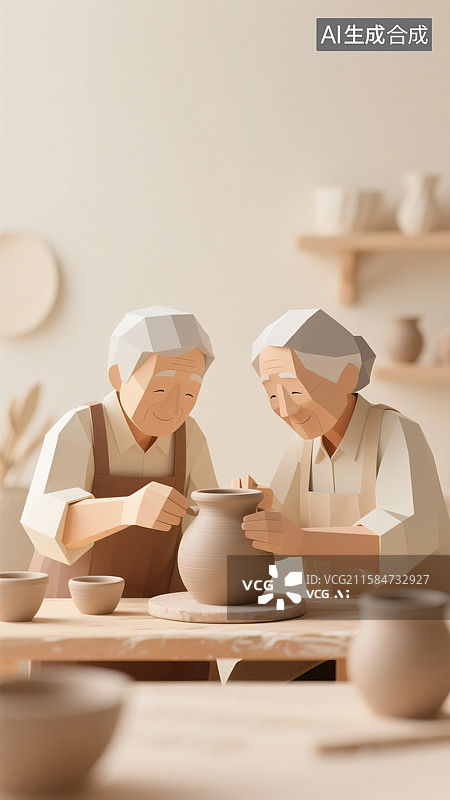 【AI数字艺术】工作室里老年夫妻俩在做陶艺三维图图片素材