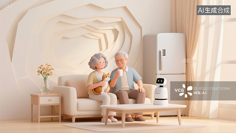 【AI数字艺术】沙发上老年夫妻俩抱着猫喝茶聊天智能机器人三维图图片素材