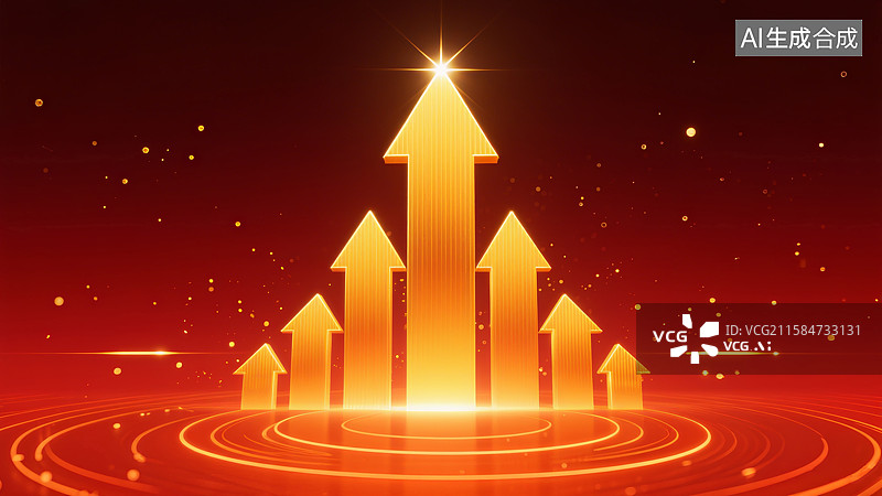 【AI数字艺术】红色背景中金色箭头向上排列，象征增长或进步图片素材