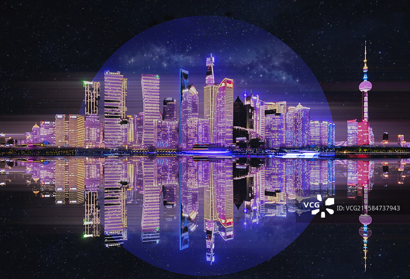 赛博朋克风格璀璨星月下的上海陆家嘴夜景图片素材