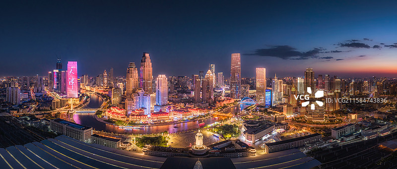 天津城市灯光秀夜景全景航拍图片素材