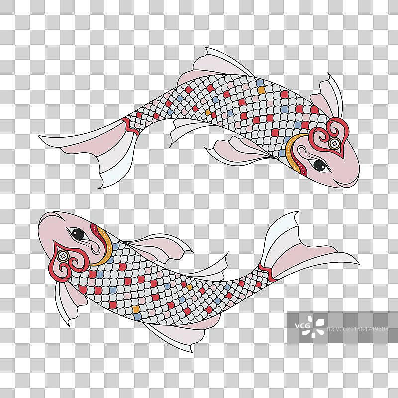 鲤鱼双鱼铜钱纹样印花图案中国复古风格边框纹理文创元素矢量图图片素材