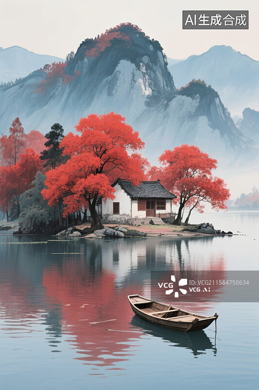 【AI数字艺术】秋山湖畔小屋图片素材